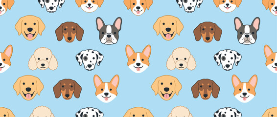 Obraz premium Seamless pattern of cute cartoon dog faces featuring various happy breeds like retrievers, corgis, poodles, and dalmatians in a cheerful and adorable animal illustration