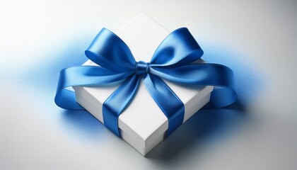 a pristine white gift box adorned with a vibrant blue ribbon and bow symbolizing celebration and joy