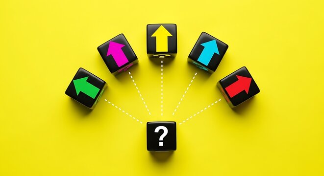 Black question mark cube facing multiple colored arrow direction choices on bright yellow background - Powered by Adobe