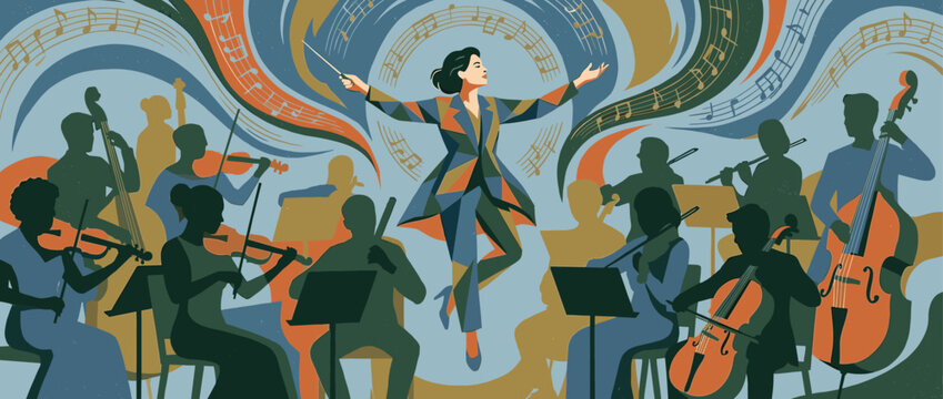 Female orchestra conductor in a colorful suit passionately leads a symphony orchestra performance with musical notes swirling around her in a dynamic, stylized illustration