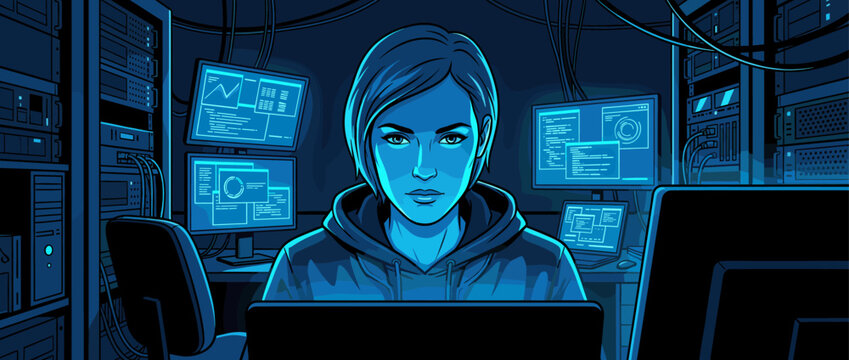 Focused female hacker in a hoodie sits in a dark server room surrounded by multiple computer monitors, working on a laptop with an intense expression in a graphic novel style