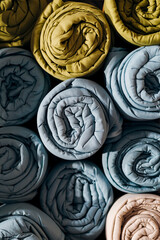 Stacked weighted sensory blankets for therapy and relaxation, folded neatly.