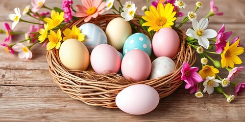 Colorful pastel Easter eggs, some patterned, nestled in a rustic basket with fresh spring flowers on a wooden table, celebrating the season,  natural,  cheerful