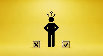 Stick figure standing between two cubes deciding between a cross and a checkmark symbol.