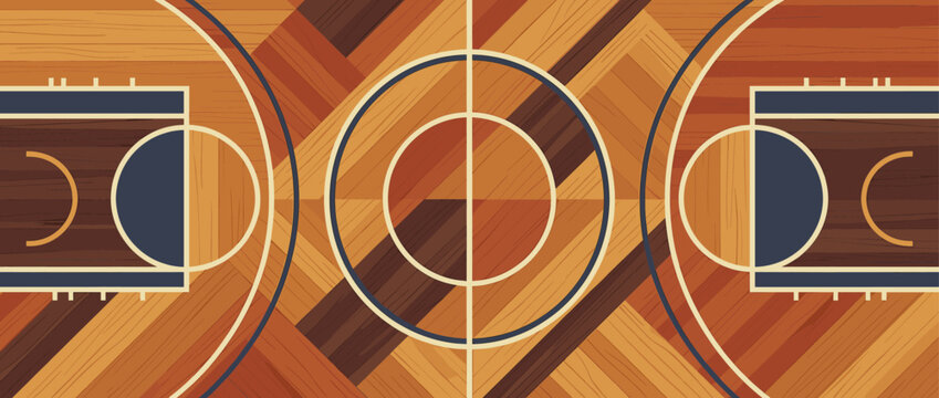 Stylized basketball court with wooden parquet flooring and classic blue and cream markings, shown from a symmetrical top-down perspective in a flat graphic illustration style