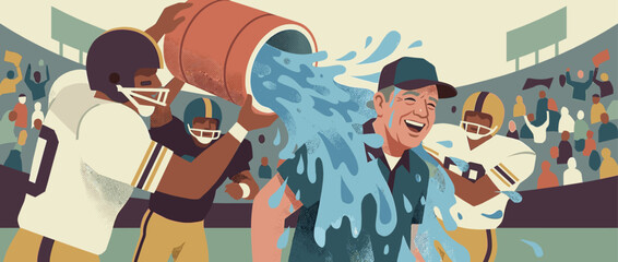 Football players pouring a cooler of water over their laughing coach in a joyful victory celebration after a big game in a stadium