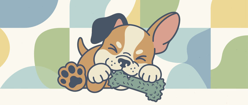 Cute cartoon bulldog puppy happily chewing on a green bone toy while lying down in a playful and contented mood, depicted in a flat retro illustration style with muted colors