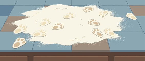 Spilled white flour with cat paw prints creating a messy trail on a tiled kitchen floor after a cooking accident, a humorous illustration of pet mischief and domestic chaos