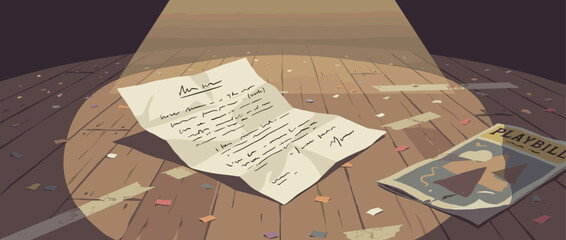 Handwritten letter and theater program rest on a wooden stage floor, illuminated by a single dramatic spotlight and surrounded by confetti in a melancholic vector illustration