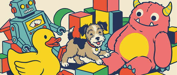Obraz premium Colorful cartoon illustration of various toys including a robot, monster, duck, and a happy puppy playing among building blocks in a whimsical retro style