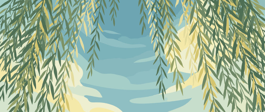 Hanging green and yellow willow tree branches with long leaves create a natural frame against a serene blue sky in this peaceful, stylized vector illustration