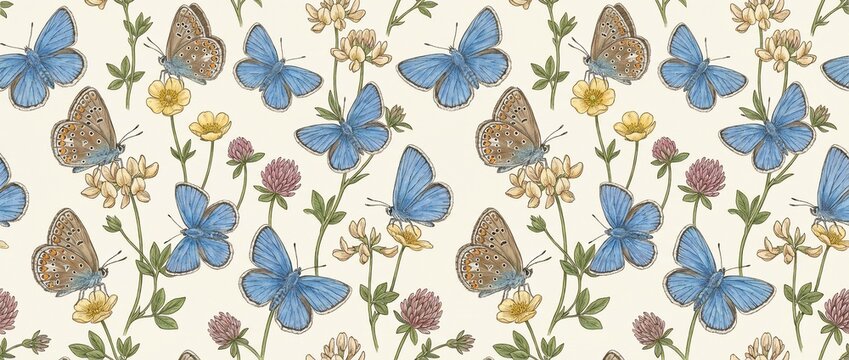 Vintage Style Butterfly and Wildflower Seamless Pattern