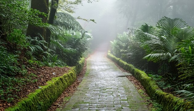 misty path through lush greenery