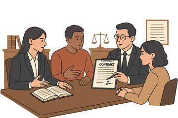 During a focused meeting in a professional law office, lawyers and clients discuss contract specifics in detail