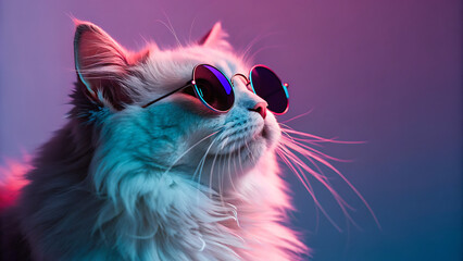 Fluffy white cat with sunglasses, neon lighting, cool aesthetic, studio portrait
