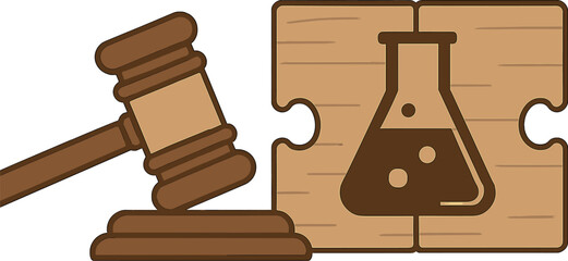 A judge's gavel sits beside wooden puzzle pieces that illustrate a science beaker, representing legal matters in science