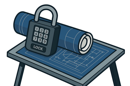 A close-up of a digital keycode padlock encircling rolled-up blueprints on a steel drafting table, with technical drawing details peeking out to symbolize IP protection
