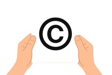 A hand grips a document bearing a copyright symbol, representing international intellectual property rights, patent protection, and copyleft trademark licensing, safeguarding creation ownership from