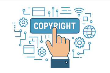 An image of a hand pressing a button on a tech screen, symbolizing copyright