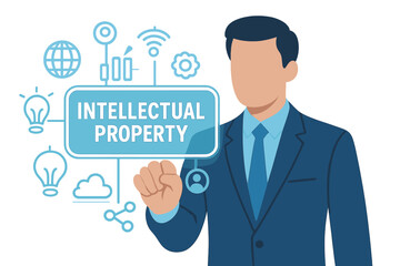 The idea of business, technology, the Internet, and networking is presented as a virtual screen of the future, displaying the inscription &ldquo;Intellectual property