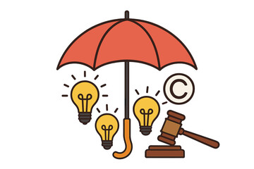Concept of intellectual property protection illustrated by a cartoon umbrella shielding glowing light bulbs and a judge's gavel, symbolizing legal copyright and patent defense