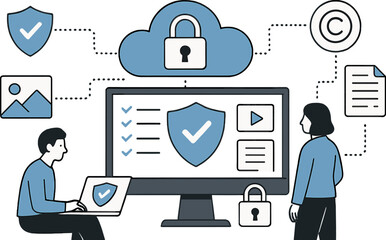 A detailed illustration of a company's cloud-based digital asset protection system designed to safeguard intellectual property