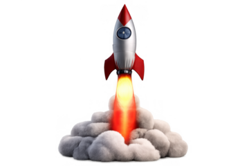 Rocket launching with fire and smoke, representing startup, success, innovation, exploration, and growth