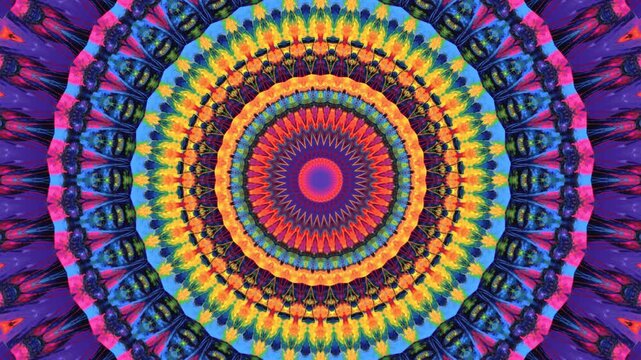 4K Colorful kaleidoscope background. Abstract multicolored motion graphics background for yoga specialist, astrology, art therapist, night club, music video.