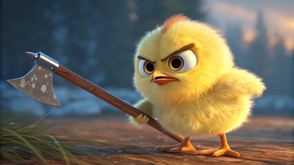 Angry Fluffy Chick Holding Axe, Funny Cartoon Character, Threatening Pose
