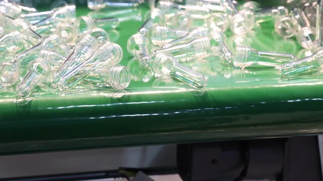 Plastic bottle preforms. Making of Transparent PET plastic preforms move along automated conveyor belt in factory. Industrial production line concept for plastic bottle packaging automation recycling
