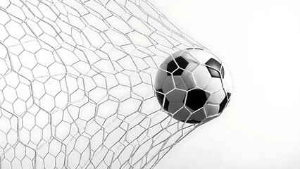 Fototapeta premium Dynamic monochromatic capture of a soccer ball striking the net after a powerful shot, symbolizing victory and athletic achievement