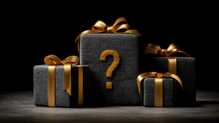 Unwrap the Mystery Elegant Dark Gift Boxes with Golden Ribbons and a Question Mark Surprise