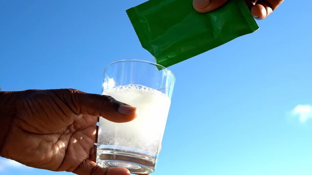 Pouring powdered drink mix into a glass of water against a bright blue sky, Beverage preparation outdoors