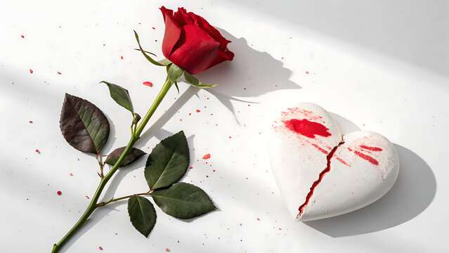 Broken heart with red rose, symbolizing love and heartbreak on white background