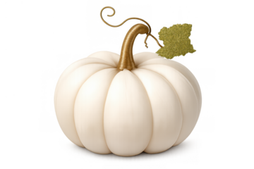 White pumpkin with gold stem and glitter leaf, transparent background, elegant autumn harvest decoration concept