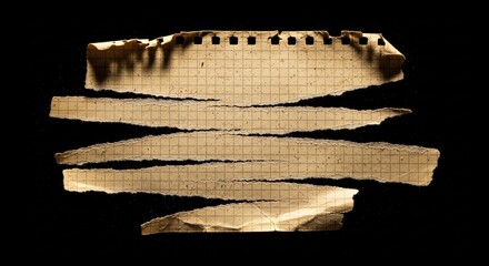 Torn paper pieces with burnt edges against black background