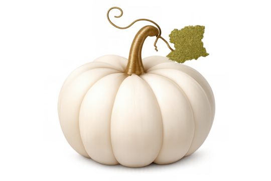 White pumpkin with gold stem and glitter leaf, transparent background, elegant autumn harvest decoration concept - Powered by Adobe