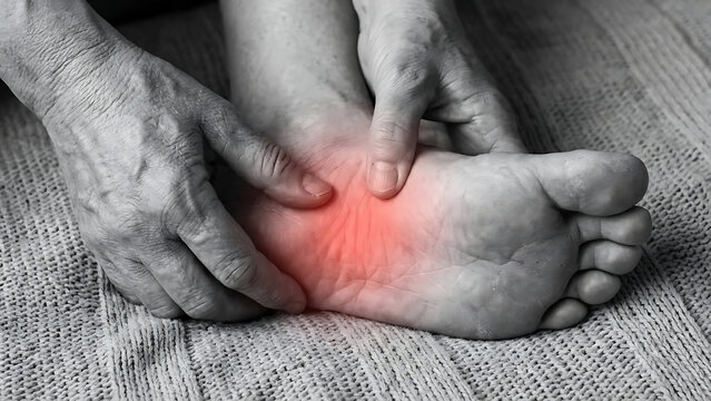 Close-up of painful foot with red highlighting inflammation and discomfort