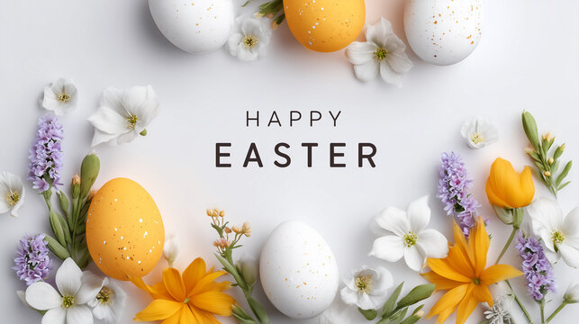 Cute easter card with spring flowers and easter eggs, copy space, white background
