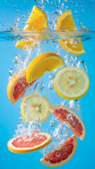 Citrus fruit slices splashing into water with bubbles, fresh vitamin concept