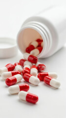 Spilled bottle of blue and white medical capsules on white surface