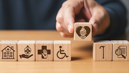 Hand arranging wooden blocks with healthcare and elderly care symbols on table, healthcare and medical