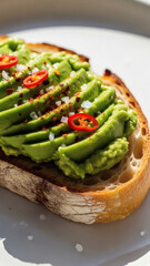 Close-up of avocado toast with chili flakes on sourdough bread