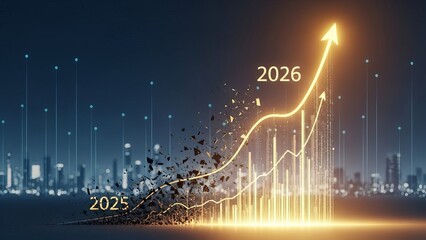 A glowing yellow line graph shows business growth from 2025 to 2026