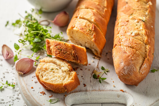 Homemade and tasty garlic bread with salt and thyme.