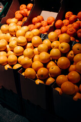 Fresh oranges and tangerines neatly arranged in boxes for sale.