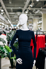 Stylish mannequin dressed in a fitted women&rsquo;s dress, showcased in a store.