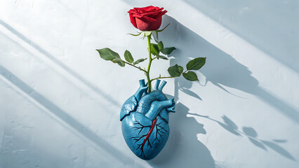 Red Rose Growing From Anatomical Heart Vase, Surreal Symbolism of Love and Life