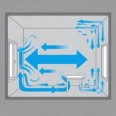 conceptual diagram of air flow arrows in a room with open windows for ventilation blogs, HVAC service websites, healthy home guides, and architectural engineering presentations