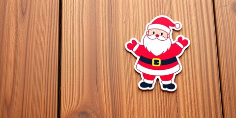 Festive red and white Santa stickers on wood background, red, artwork